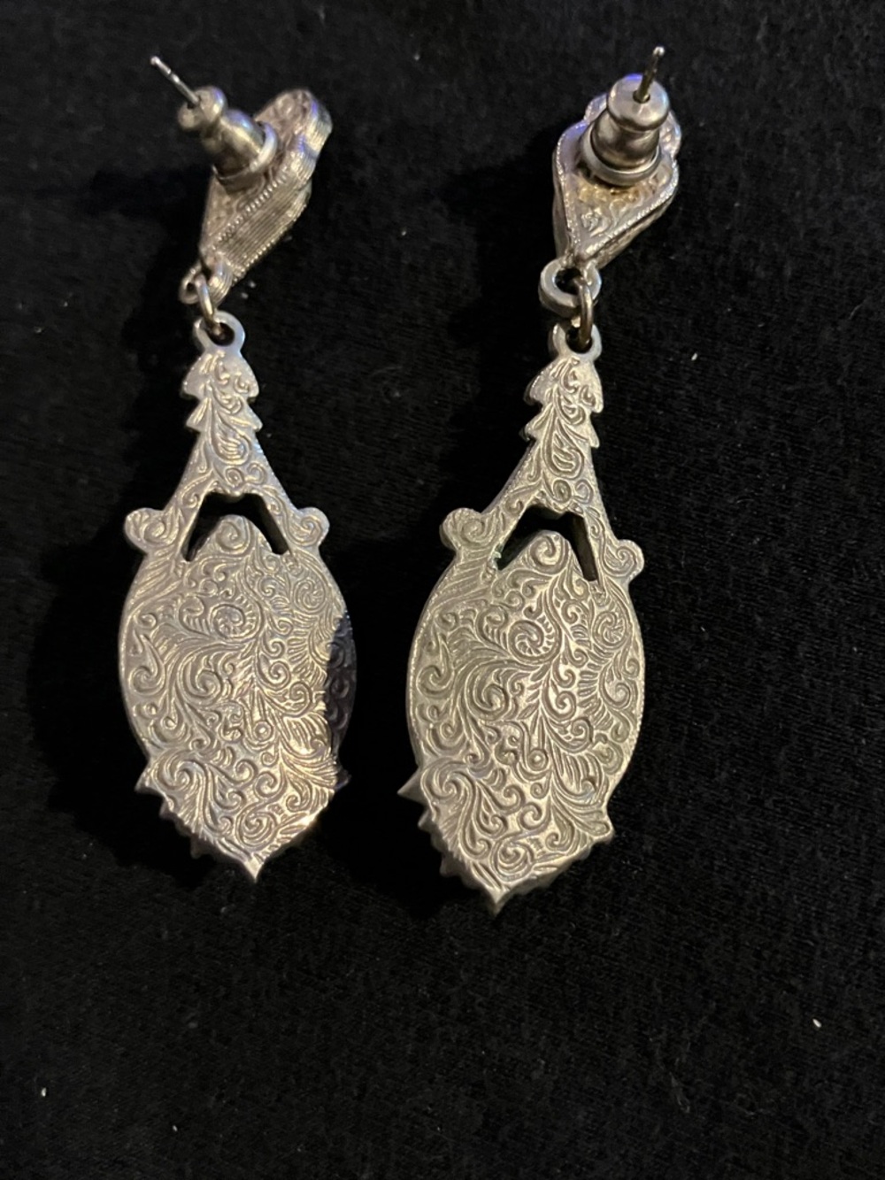 Pink Marquise Drop Earrings with Vintage Silver Detail - Picture 3 of 4